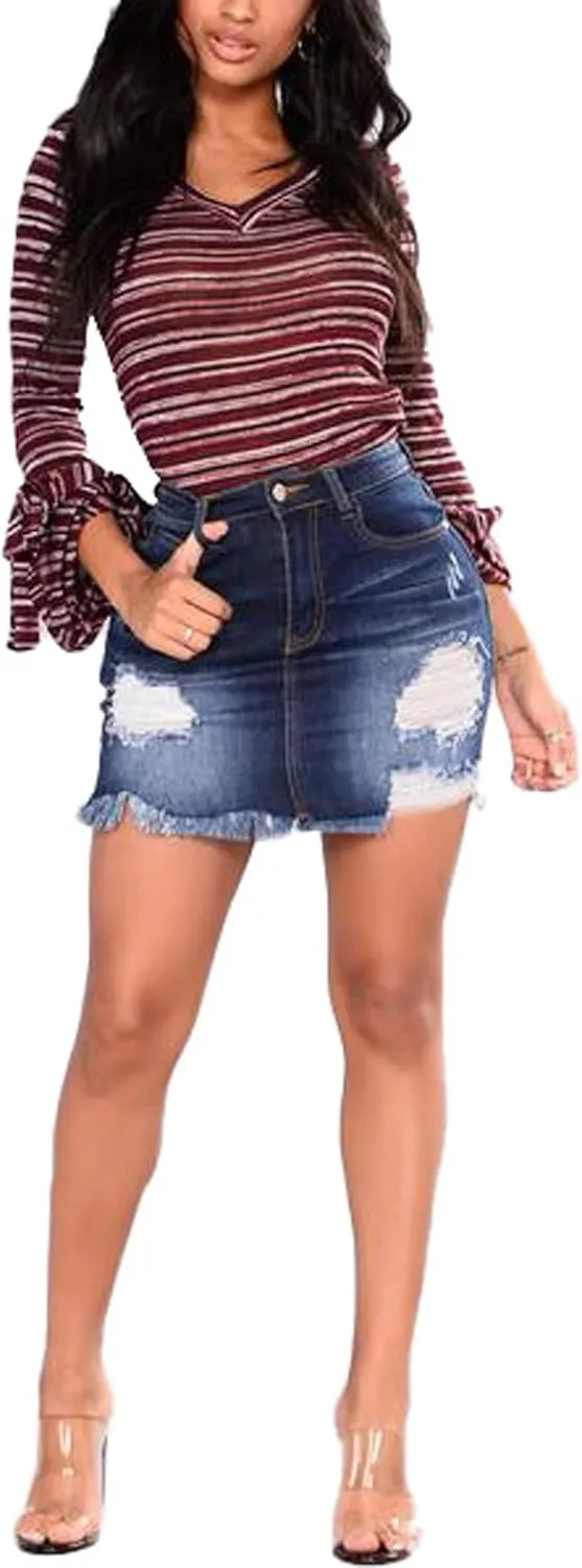 Denim Mini Skirts for Women Sexy High Waist Stretchy Distressed Bodycon Jean Short Skirt