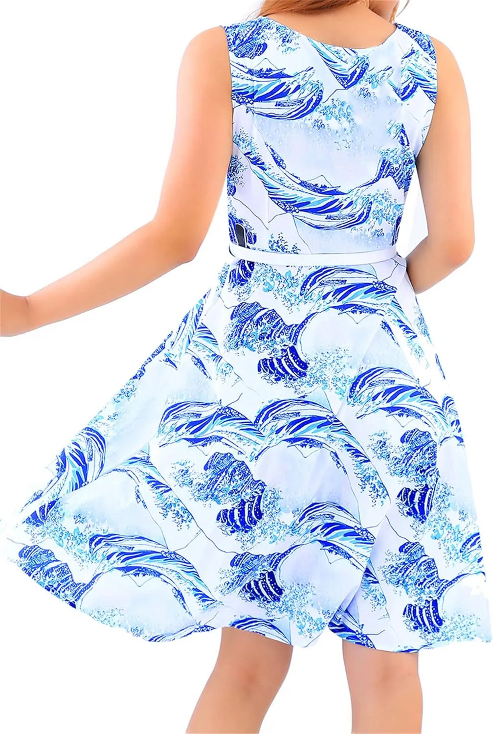 DIACACY Women's Summer Pleated Tie Waist Mini Dress Sleevelesss Floral Print Dresses Crew Neck Loose Dress with Belt