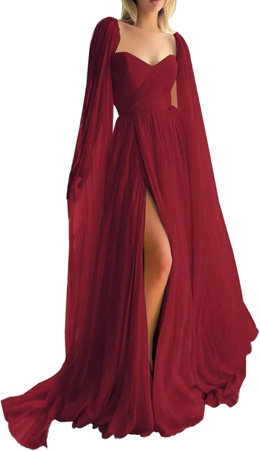 dideyttawl Chiffon V-Neck A-Line Prom Dress with Cape Backless 2024 Evening Gowns Long Ruched Formal Party Dresses with Slit