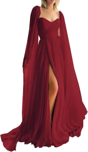 dideyttawl Chiffon V-Neck A-Line Prom Dress with Cape Backless 2024 Evening Gowns Long Ruched Formal Party Dresses with Slit