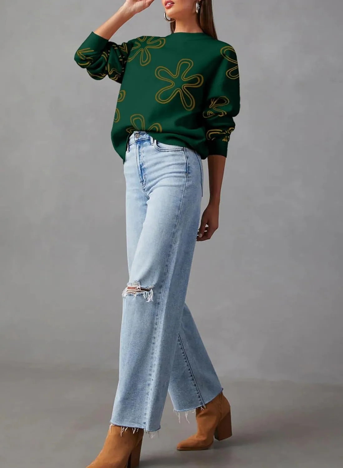 Dokotoo Sweaters for Women Casual Crewneck Long Sleeve Floral Print Cable Knit Pullover Sweater Tops