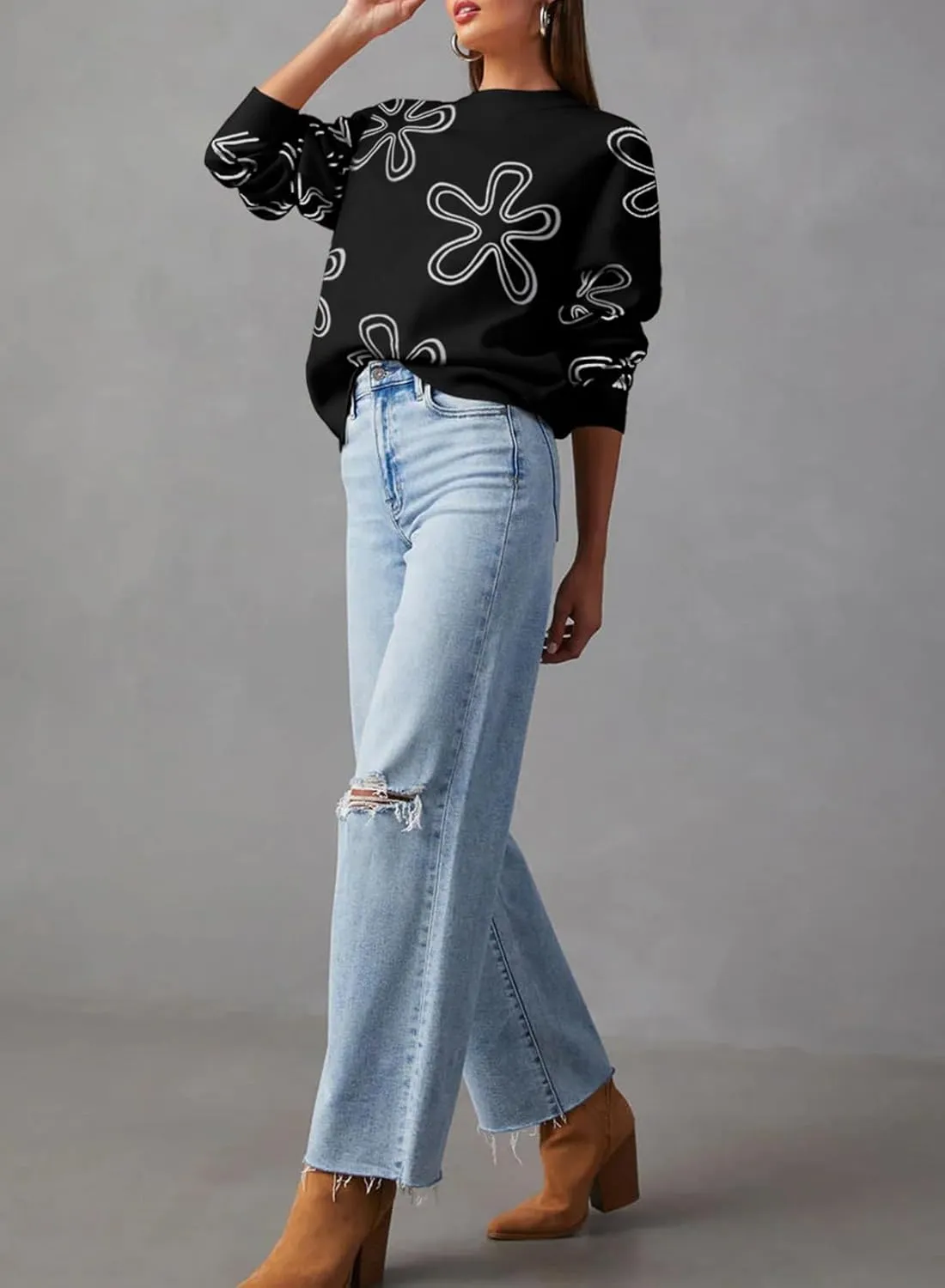 Dokotoo Sweaters for Women Casual Crewneck Long Sleeve Floral Print Cable Knit Pullover Sweater Tops