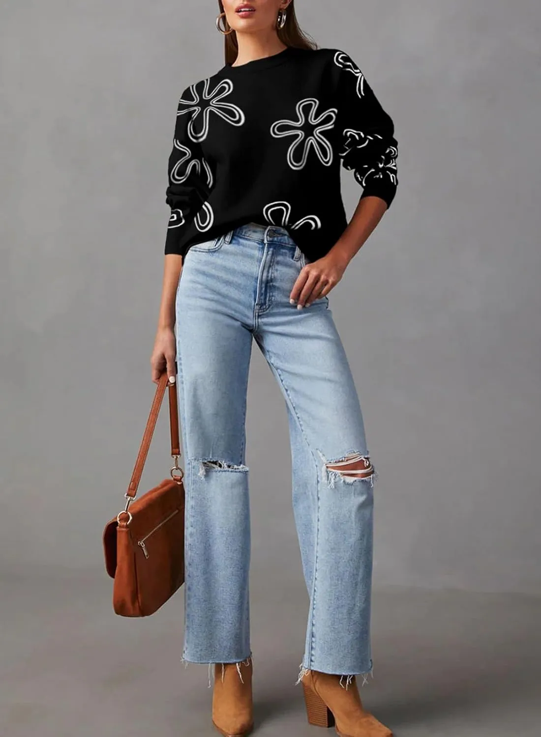 Dokotoo Sweaters for Women Casual Crewneck Long Sleeve Floral Print Cable Knit Pullover Sweater Tops