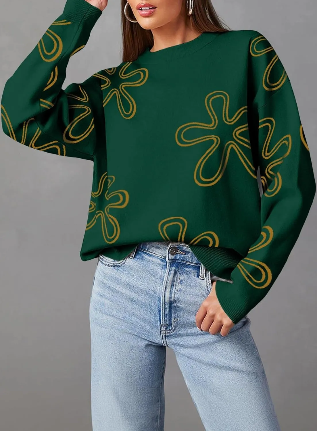 Dokotoo Sweaters for Women Casual Crewneck Long Sleeve Floral Print Cable Knit Pullover Sweater Tops