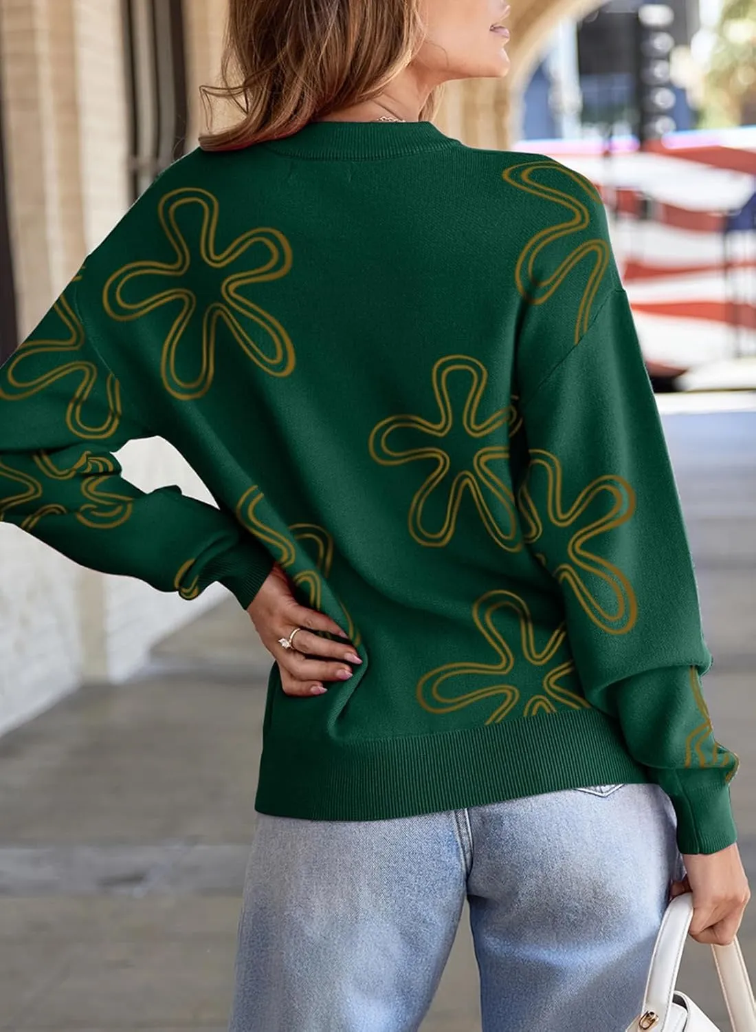 Dokotoo Sweaters for Women Casual Crewneck Long Sleeve Floral Print Cable Knit Pullover Sweater Tops
