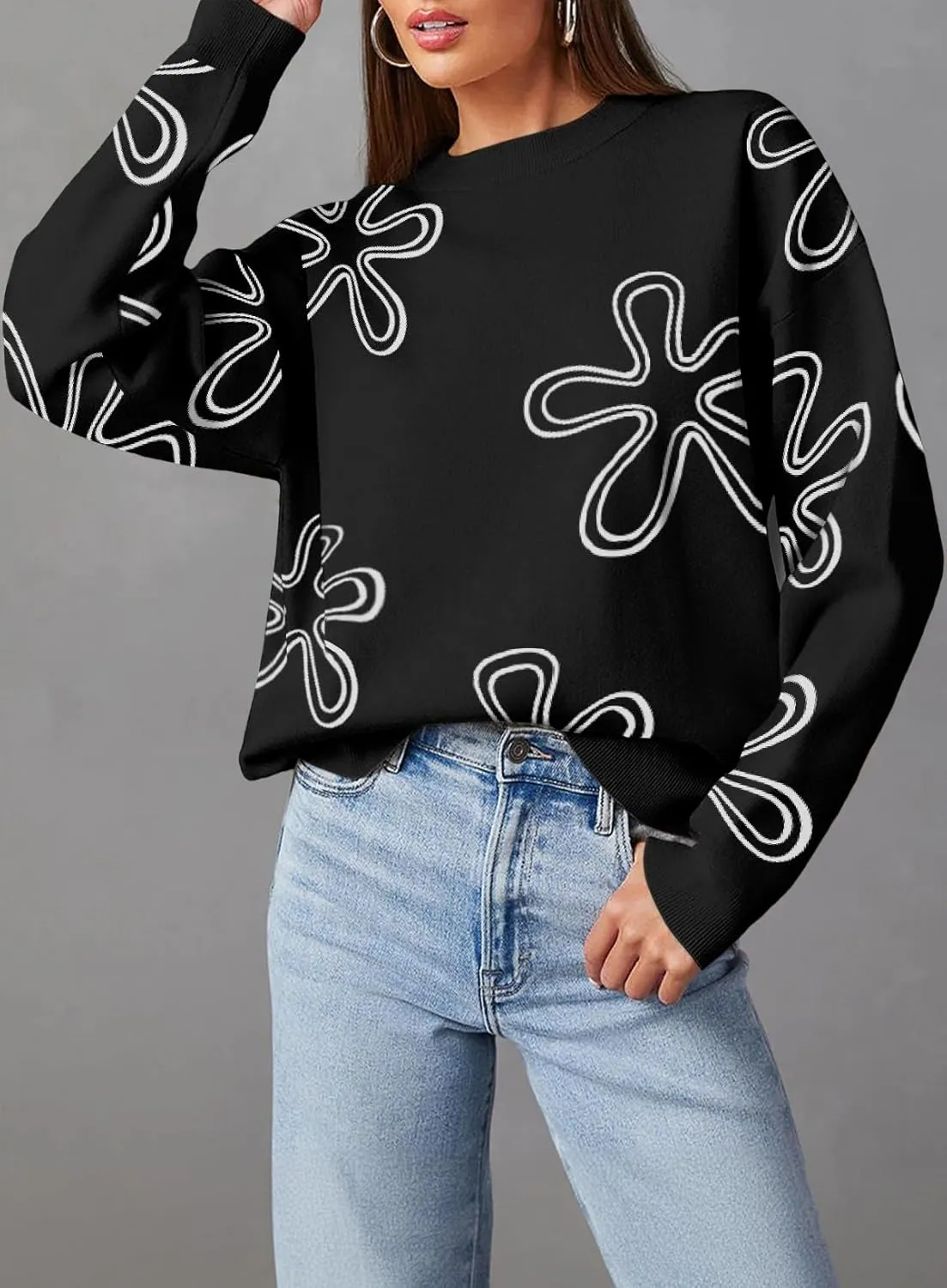 Dokotoo Sweaters for Women Casual Crewneck Long Sleeve Floral Print Cable Knit Pullover Sweater Tops
