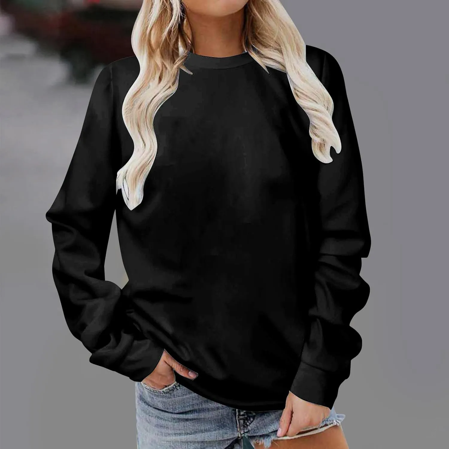 DOLKFU Sweatshirt For Womens Fashion Long Sleeve Solid Color Pullover Shirts Loose Crew Neck Casual Sweatshirts