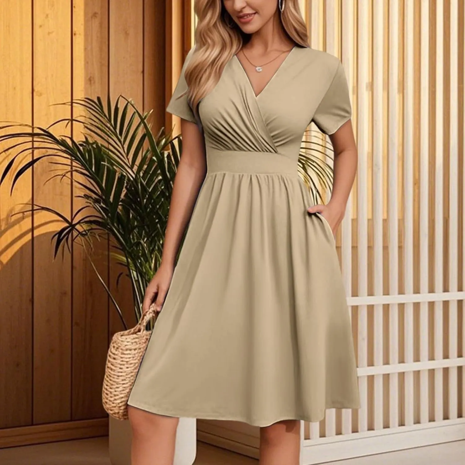 Dresses for Women 2025 Elegant Classy Summer Beach Casual V Neck Empire Waist Knee Length Sundress with Sleeves