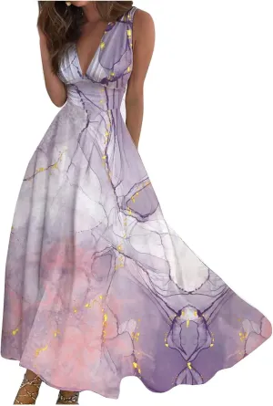 Dresses for Women 2025 Flowy Ruched Sleeveless Beach Dresses Wrap V Neck Floral Printed Maxi Dress Boho Sundresses