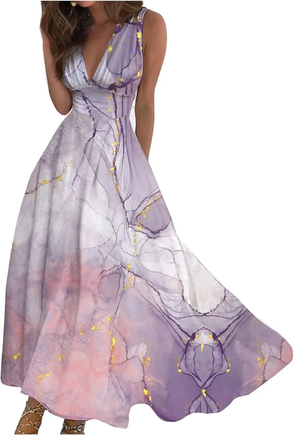 Dresses for Women 2025 Flowy Ruched Sleeveless Beach Dresses Wrap V Neck Floral Printed Maxi Dress Boho Sundresses