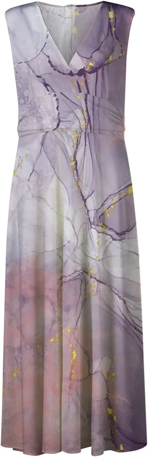 Dresses for Women 2025 Flowy Ruched Sleeveless Beach Dresses Wrap V Neck Floral Printed Maxi Dress Boho Sundresses