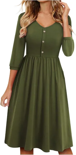 Dresses for Women Fall Casual V-Neck Button Down Pleated Dress with Pockets Outdoor Vacation Beach Bodycon Mini Dress