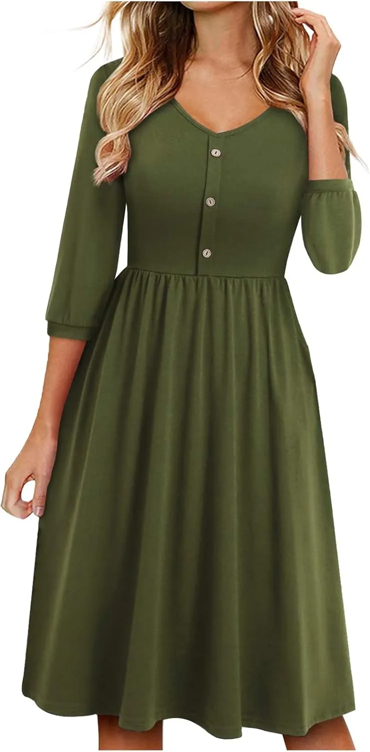Dresses for Women Fall Casual V-Neck Button Down Pleated Dress with Pockets Outdoor Vacation Beach Bodycon Mini Dress