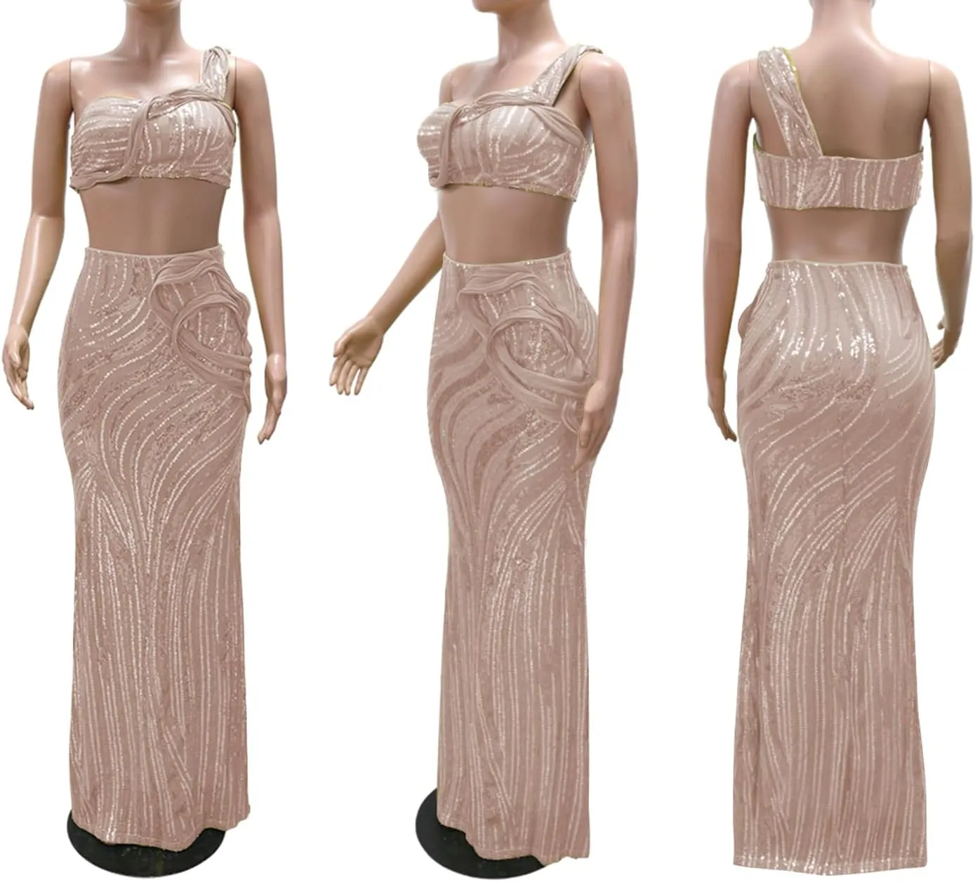 Ecirod Womens Glitter Sequin 2 Piece Party Club Outfits Sexy One Shoulder Crop Top Bodycon Floor Length Maxi Skirt Set