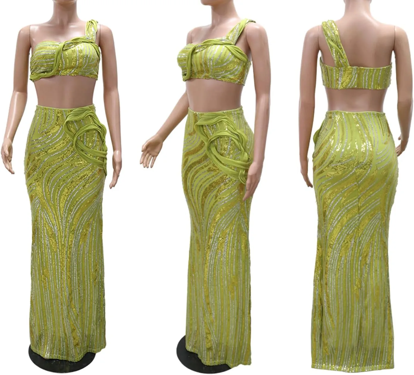 Ecirod Womens Glitter Sequin 2 Piece Party Club Outfits Sexy One Shoulder Crop Top Bodycon Floor Length Maxi Skirt Set