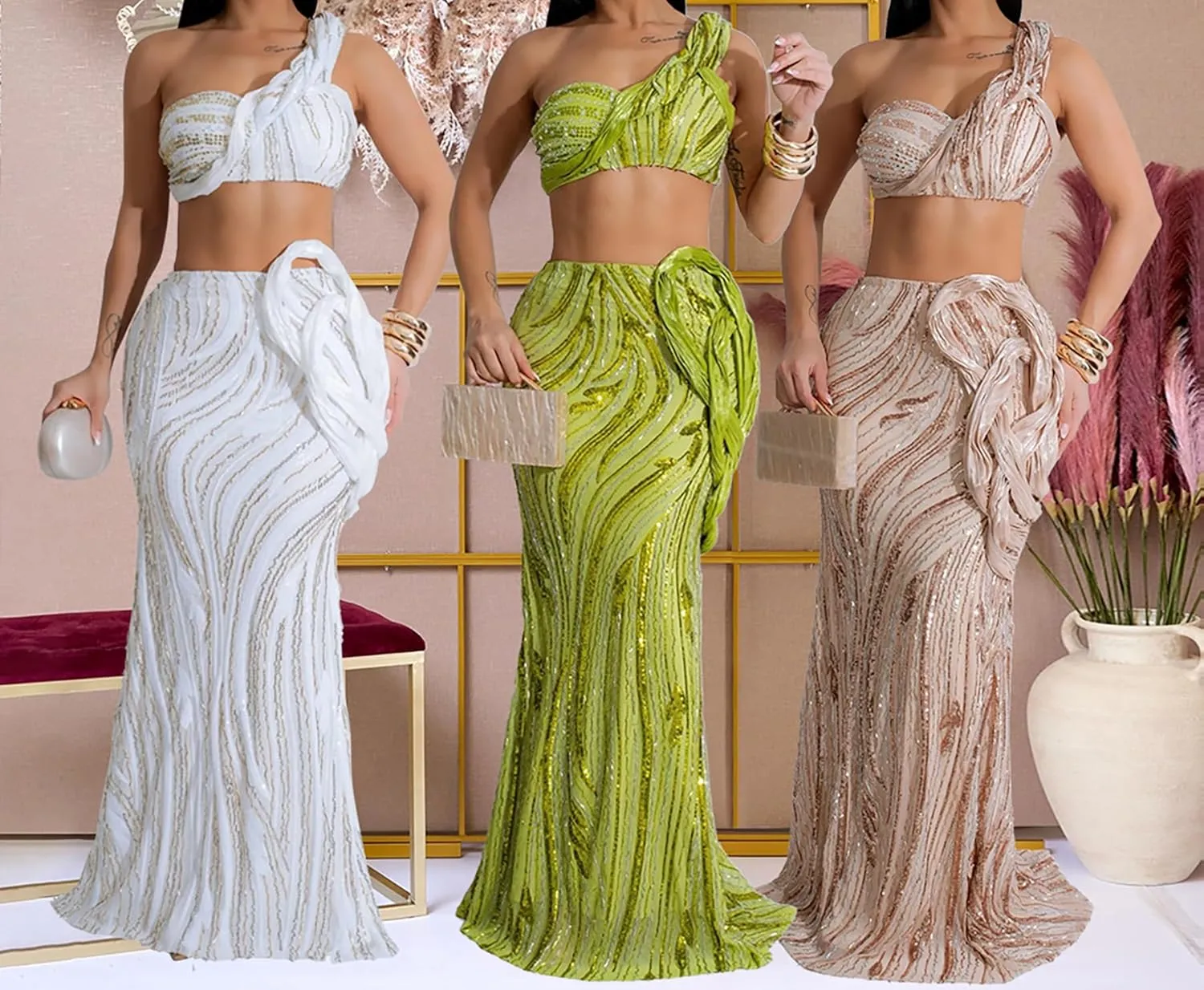 Ecirod Womens Glitter Sequin 2 Piece Party Club Outfits Sexy One Shoulder Crop Top Bodycon Floor Length Maxi Skirt Set