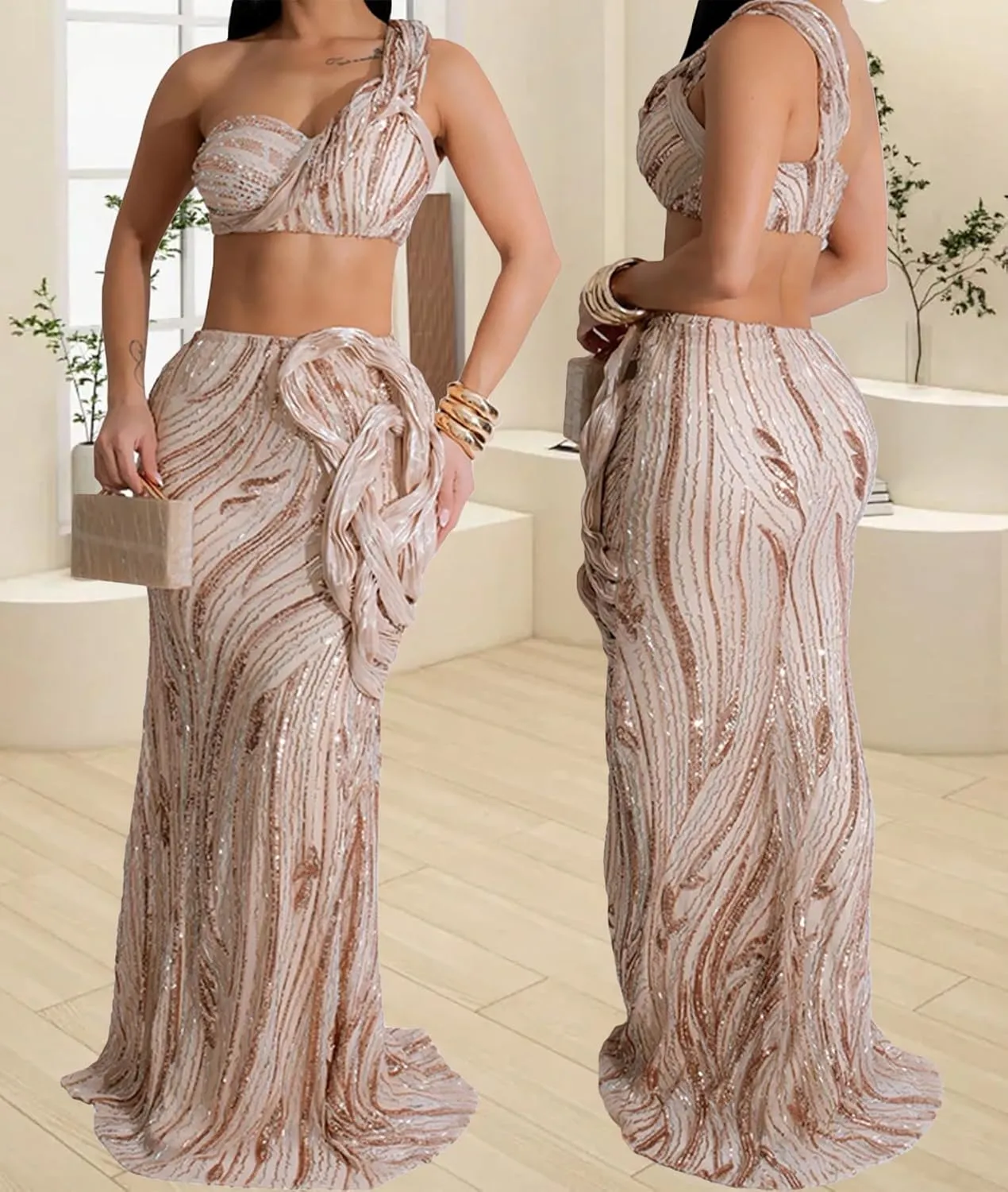 Ecirod Womens Glitter Sequin 2 Piece Party Club Outfits Sexy One Shoulder Crop Top Bodycon Floor Length Maxi Skirt Set