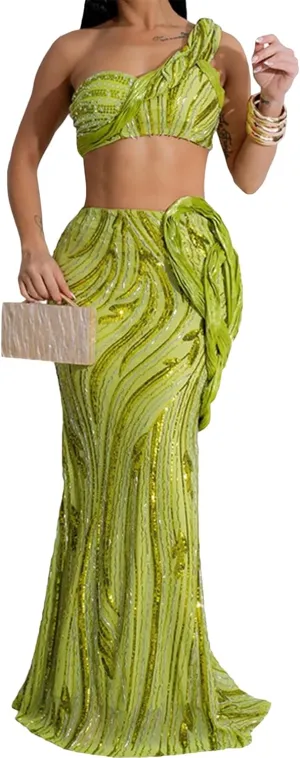 Ecirod Womens Glitter Sequin 2 Piece Party Club Outfits Sexy One Shoulder Crop Top Bodycon Floor Length Maxi Skirt Set