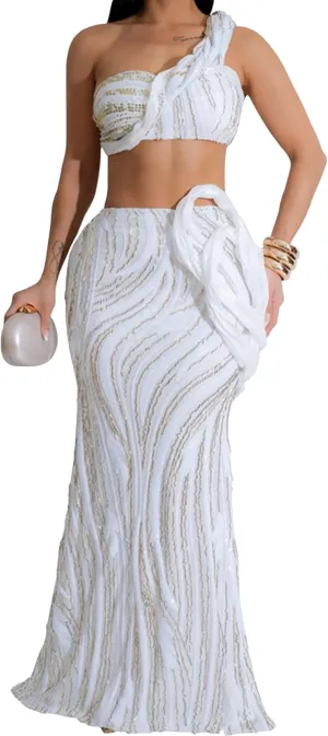Ecirod Womens Glitter Sequin 2 Piece Party Club Outfits Sexy One Shoulder Crop Top Bodycon Floor Length Maxi Skirt Set