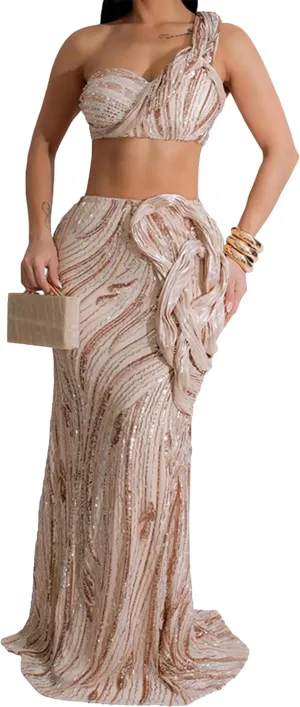 Ecirod Womens Glitter Sequin 2 Piece Party Club Outfits Sexy One Shoulder Crop Top Bodycon Floor Length Maxi Skirt Set