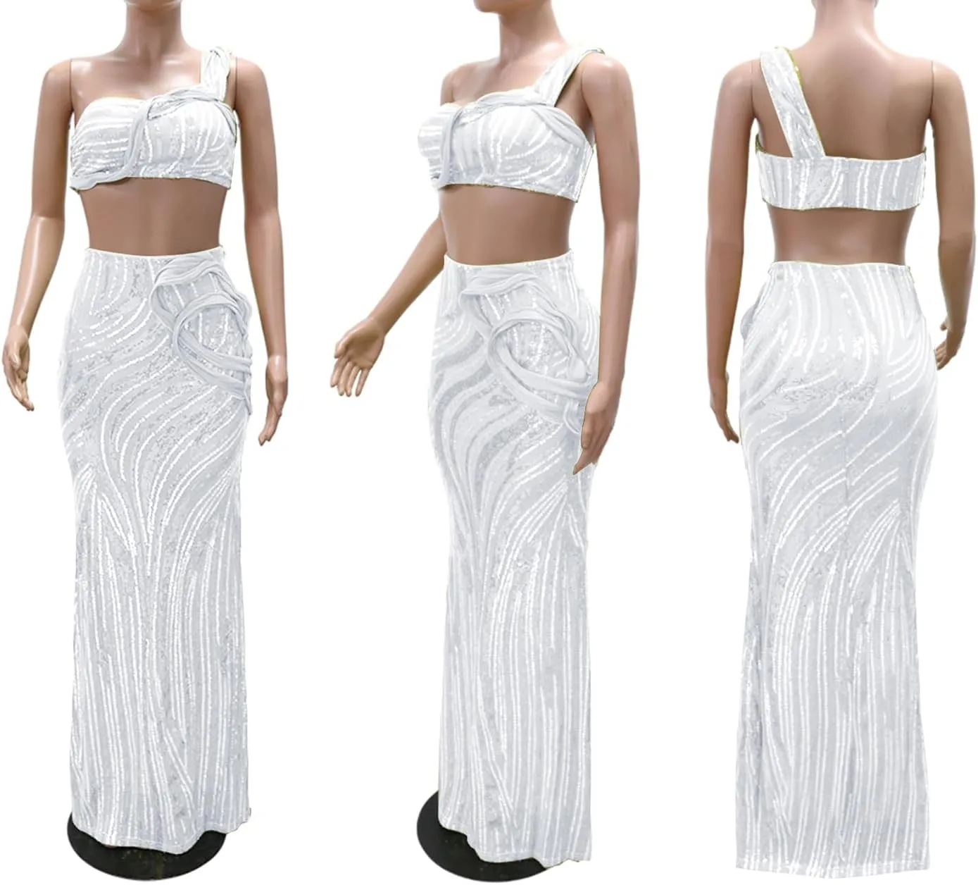 Ecirod Womens Glitter Sequin 2 Piece Party Club Outfits Sexy One Shoulder Crop Top Bodycon Floor Length Maxi Skirt Set
