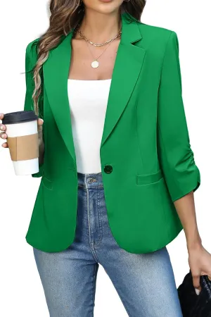 ELLEVEN Women's Ruched 3/4 Sleeve Blazers, Lightweight Slim Fit Jackets with Padded Shoulder for Business Casual