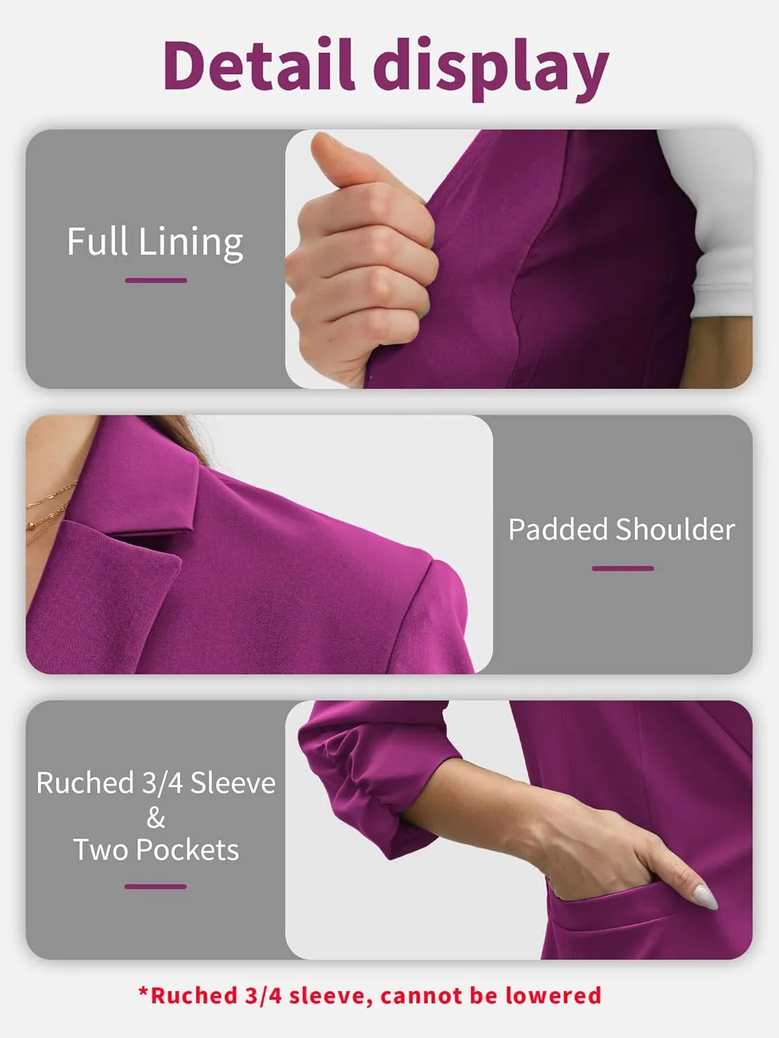 ELLEVEN Women's Ruched 3/4 Sleeve Blazers, Lightweight Slim Fit Jackets with Padded Shoulder for Business Casual
