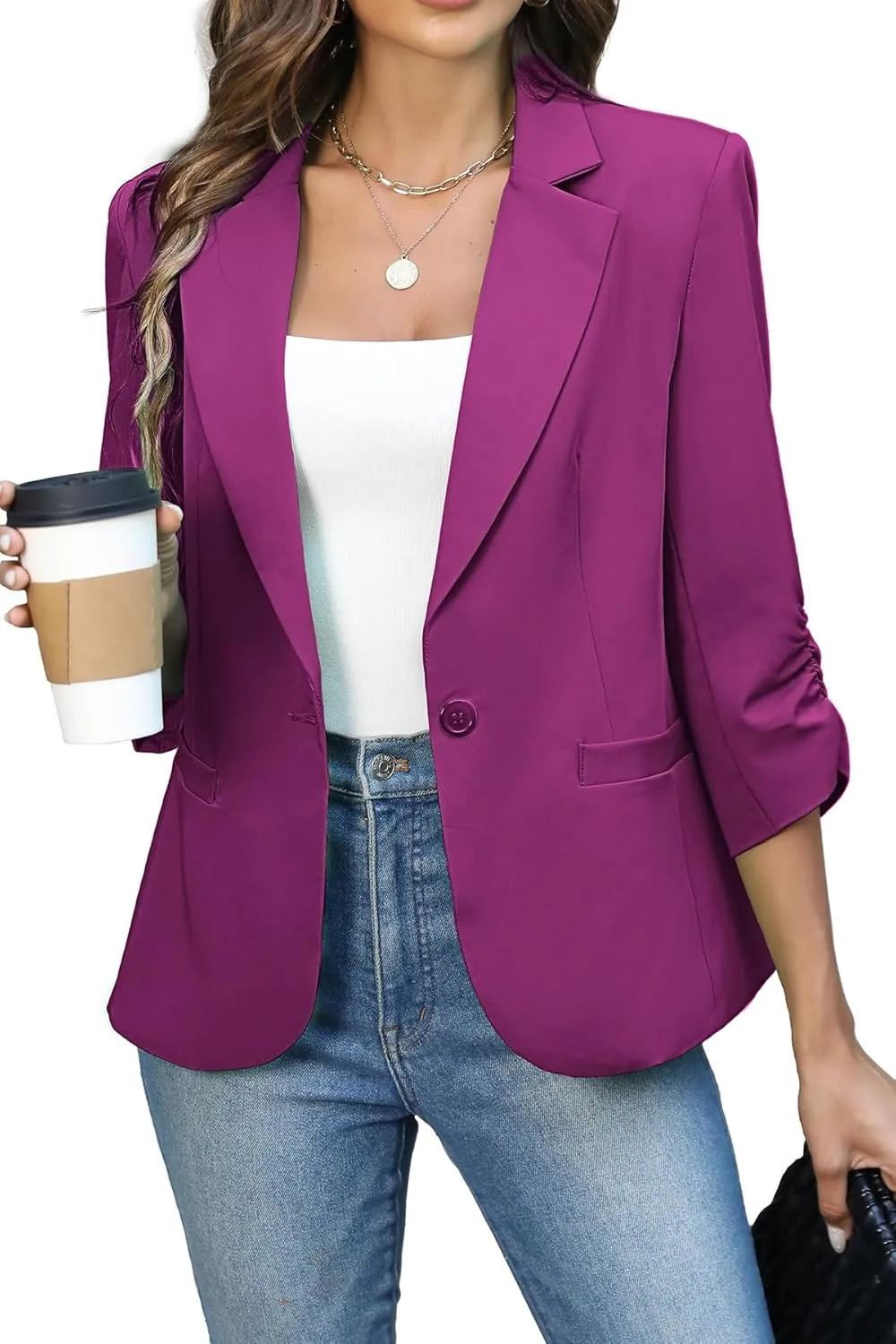 ELLEVEN Women's Ruched 3/4 Sleeve Blazers, Lightweight Slim Fit Jackets with Padded Shoulder for Business Casual