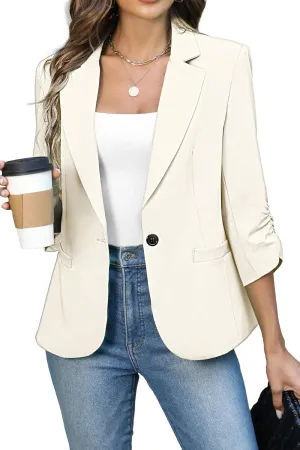 ELLEVEN Women's Ruched 3/4 Sleeve Blazers, Lightweight Slim Fit Jackets with Padded Shoulder for Business Casual