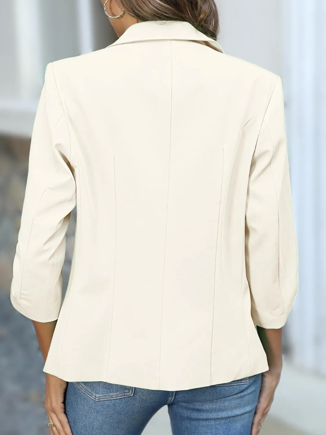 ELLEVEN Women's Ruched 3/4 Sleeve Blazers, Lightweight Slim Fit Jackets with Padded Shoulder for Business Casual
