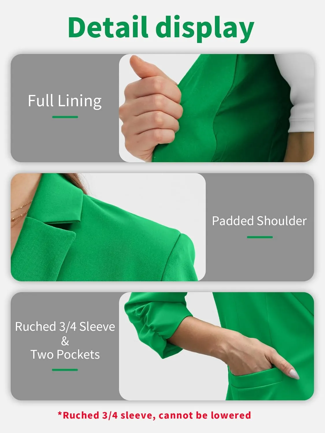 ELLEVEN Women's Ruched 3/4 Sleeve Blazers, Lightweight Slim Fit Jackets with Padded Shoulder for Business Casual