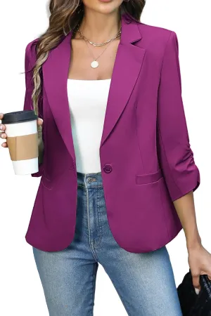 ELLEVEN Women's Ruched 3/4 Sleeve Blazers, Lightweight Slim Fit Jackets with Padded Shoulder for Business Casual