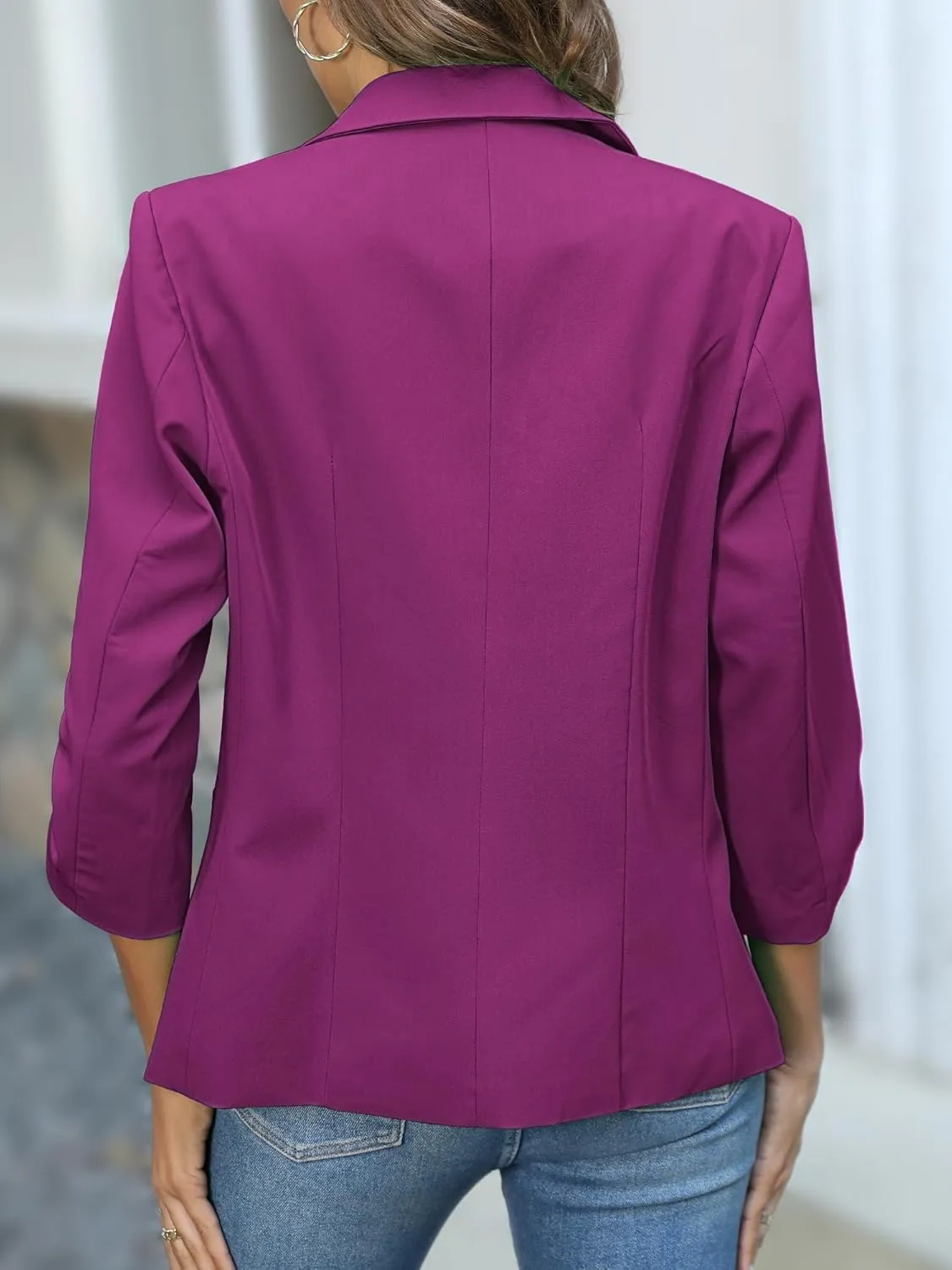 ELLEVEN Women's Ruched 3/4 Sleeve Blazers, Lightweight Slim Fit Jackets with Padded Shoulder for Business Casual