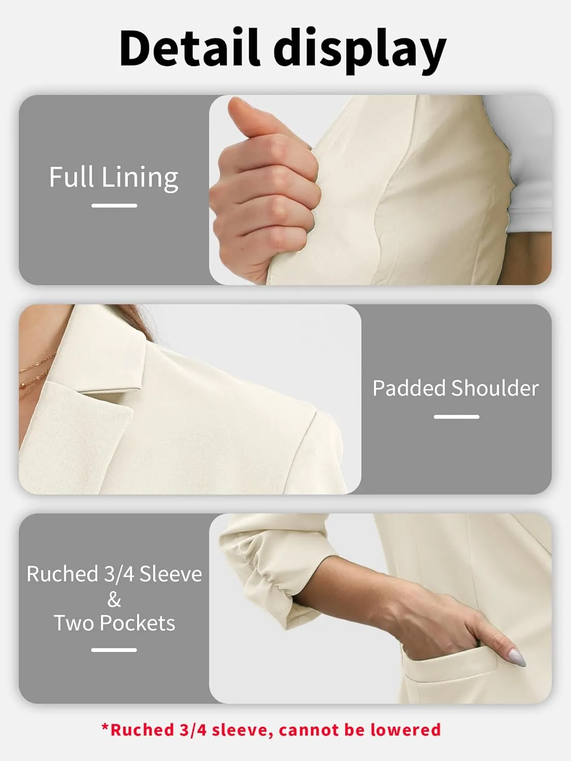 ELLEVEN Women's Ruched 3/4 Sleeve Blazers, Lightweight Slim Fit Jackets with Padded Shoulder for Business Casual