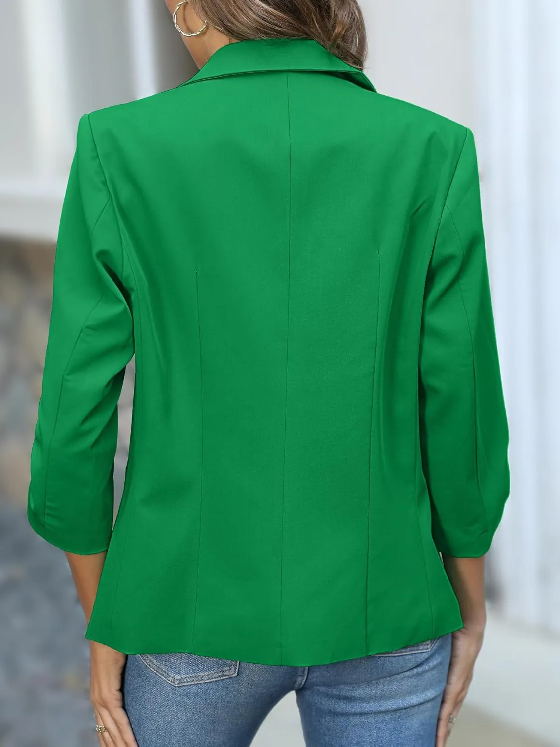 ELLEVEN Women's Ruched 3/4 Sleeve Blazers, Lightweight Slim Fit Jackets with Padded Shoulder for Business Casual