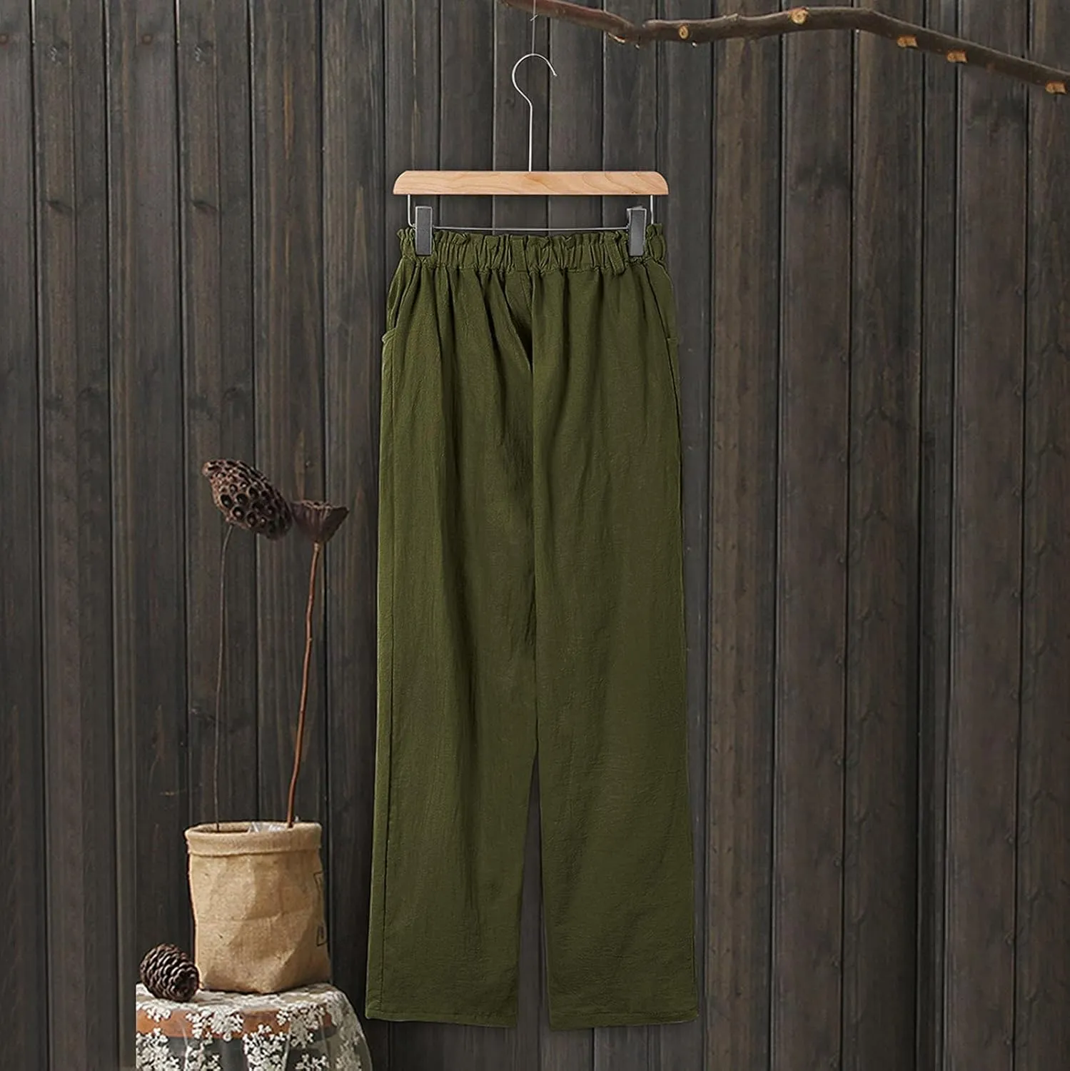 EMRELOD Women Summer High Waisted Cotton Linen Palazzo Pant Wide Leg Long Trousers with Pocket Elastic Drawstring Casual Pant