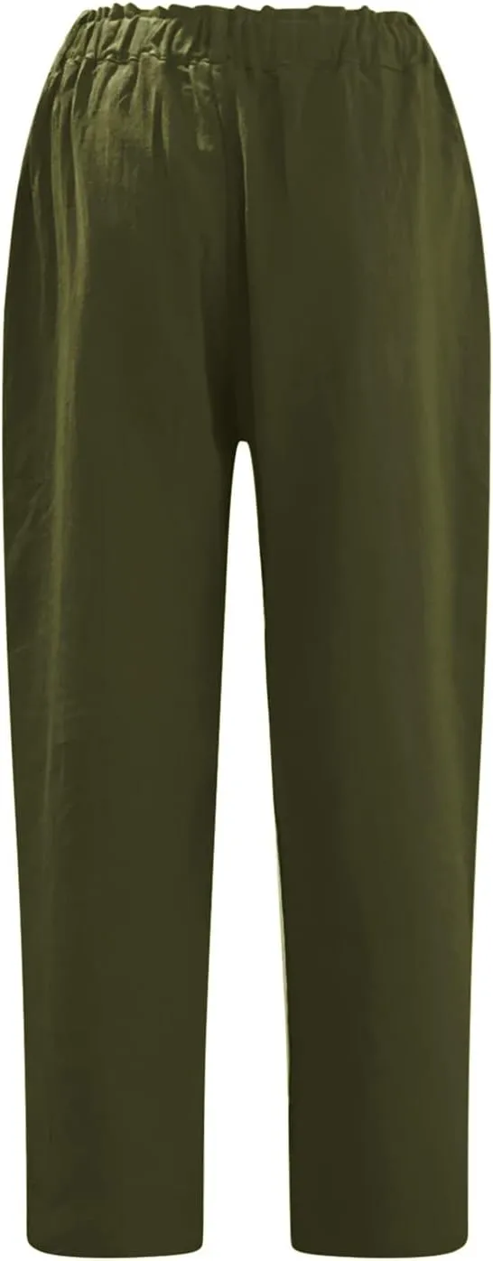 EMRELOD Women Summer High Waisted Cotton Linen Palazzo Pant Wide Leg Long Trousers with Pocket Elastic Drawstring Casual Pant