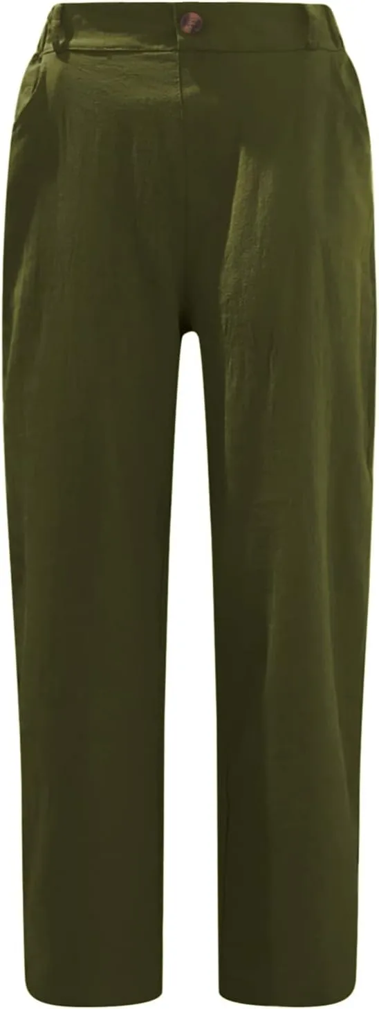 EMRELOD Women Summer High Waisted Cotton Linen Palazzo Pant Wide Leg Long Trousers with Pocket Elastic Drawstring Casual Pant
