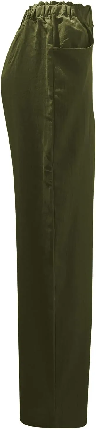 EMRELOD Women Summer High Waisted Cotton Linen Palazzo Pant Wide Leg Long Trousers with Pocket Elastic Drawstring Casual Pant