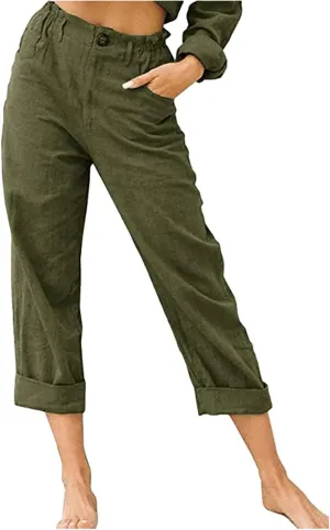 EMRELOD Women Summer High Waisted Cotton Linen Palazzo Pant Wide Leg Long Trousers with Pocket Elastic Drawstring Casual Pant