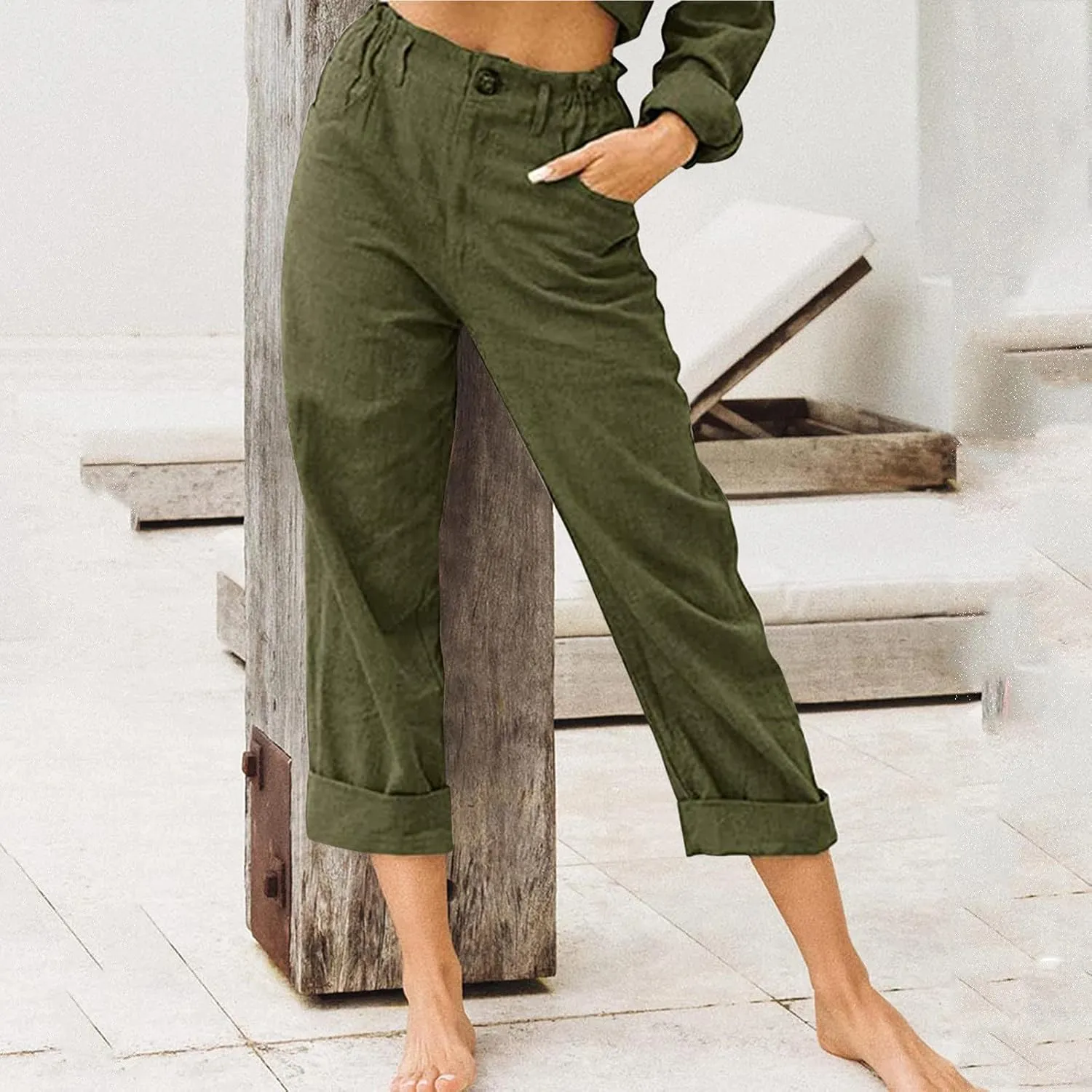 EMRELOD Women Summer High Waisted Cotton Linen Palazzo Pant Wide Leg Long Trousers with Pocket Elastic Drawstring Casual Pant
