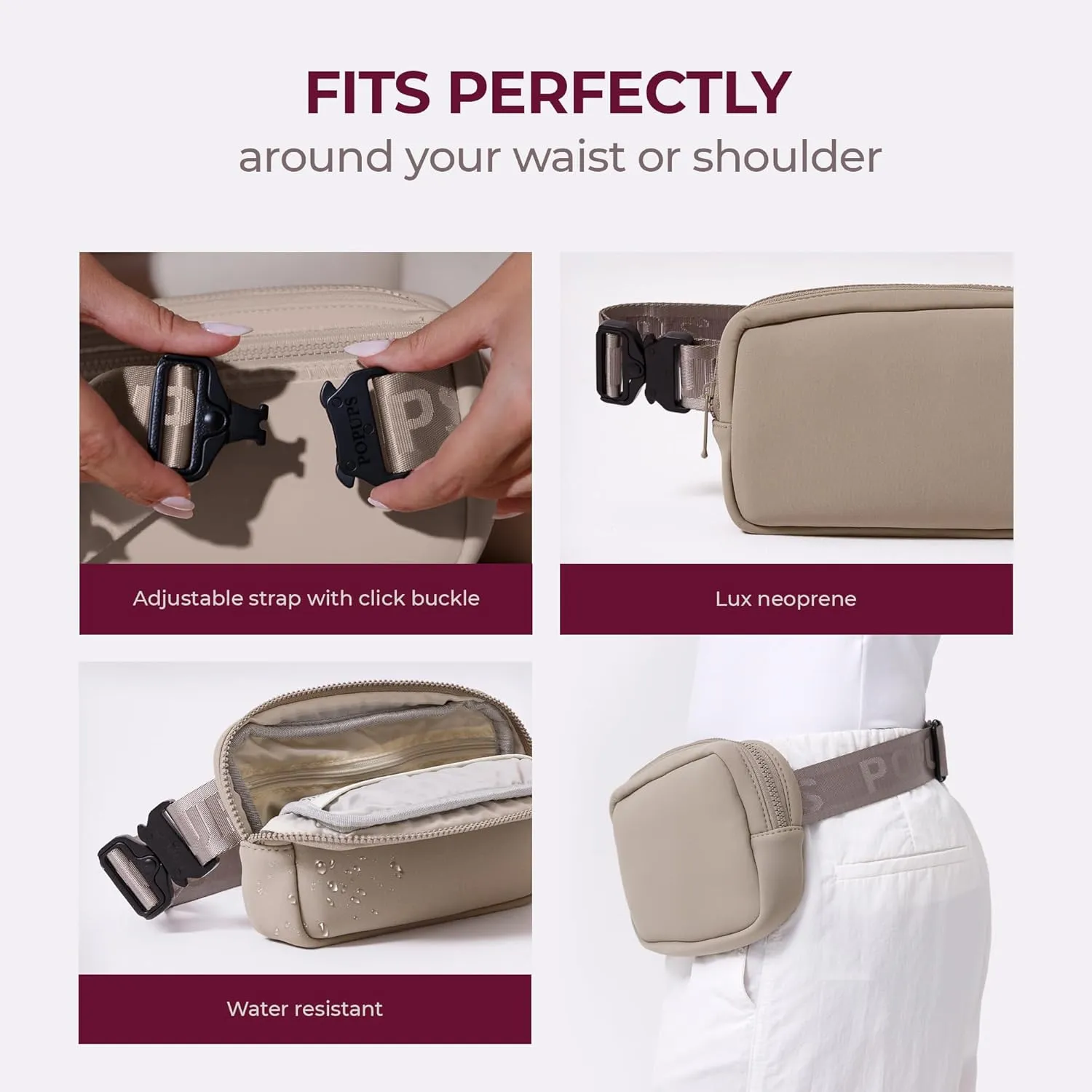 Everyday Fanny Pack Taupe - Versatile Crossbody Belt Bags, Water-Resistant Neoprene Sling Bags, Fashion Waist Packs for Travel and Daily Use