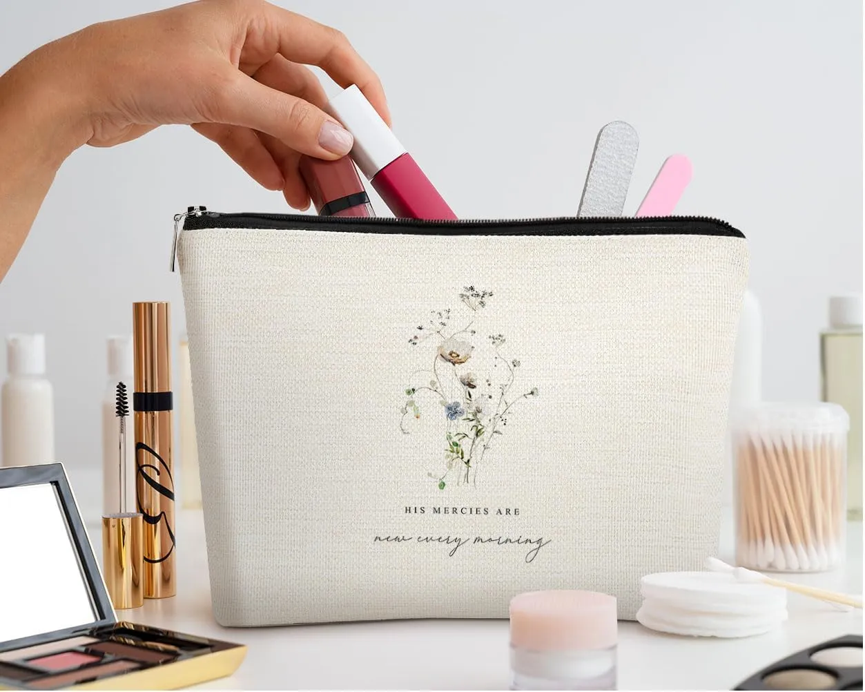 EXUQO Bible Makeup Bag,Christian Scripture Cosmetic Pouch Gifts for Women Girls,His Mercies are New Every Morning Small Makeup Bag