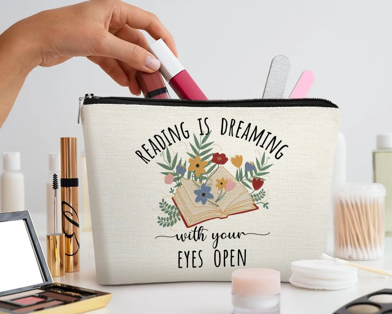 EXUQO Book Lover Gift for Women,Reading Is Dreaming with Your Eyes Open Makeup Bag,Bookworm Gifts for Teacher Reader Teen Girls Daughter Sister Cosmetic Bag,Zipper Pouch Bag Travel Bag