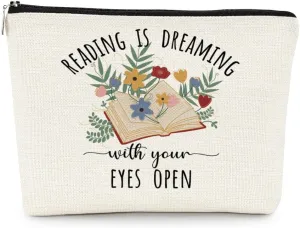 EXUQO Book Lover Gift for Women,Reading Is Dreaming with Your Eyes Open Makeup Bag,Bookworm Gifts for Teacher Reader Teen Girls Daughter Sister Cosmetic Bag,Zipper Pouch Bag Travel Bag