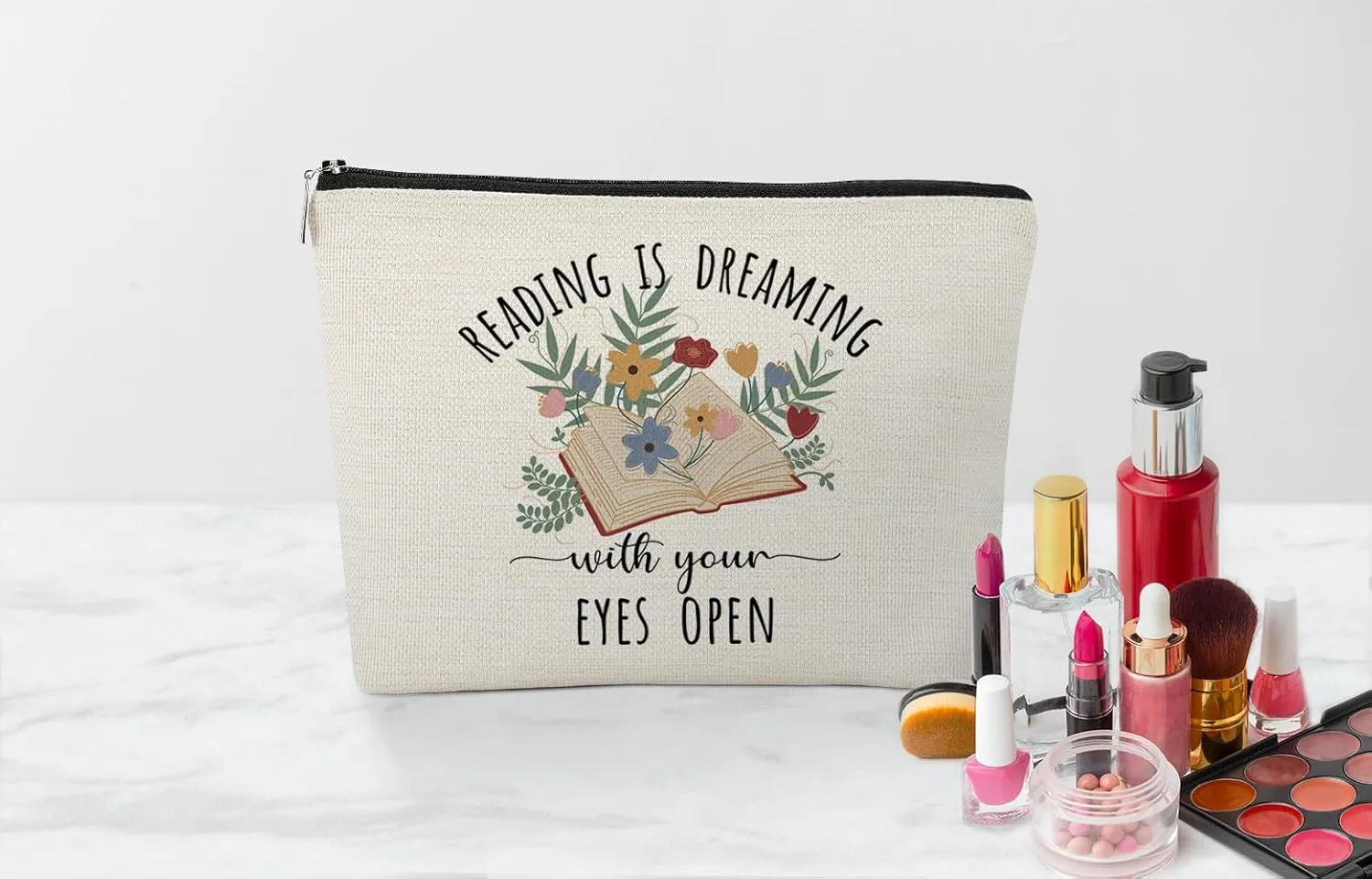 EXUQO Book Lover Gift for Women,Reading Is Dreaming with Your Eyes Open Makeup Bag,Bookworm Gifts for Teacher Reader Teen Girls Daughter Sister Cosmetic Bag,Zipper Pouch Bag Travel Bag