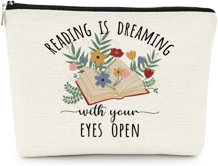 EXUQO Book Lover Gift for Women,Reading Is Dreaming with Your Eyes Open Makeup Bag,Bookworm Gifts for Teacher Reader Teen Girls Daughter Sister Cosmetic Bag,Zipper Pouch Bag Travel Bag