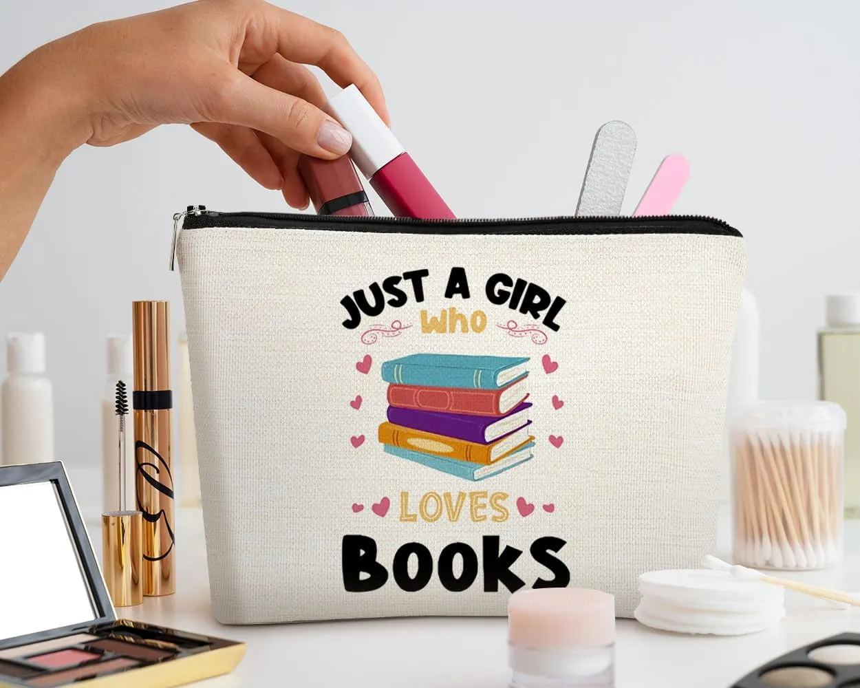 EXUQO Book Lover Gifts Small Makeup Bag,Just a Girl Who Loves Books Cosmetic Travel Toiletry Zipper Pouch, Bookish Gifts for Girls Bookworm Women,Birthday Gift for Reader Literary Librarians