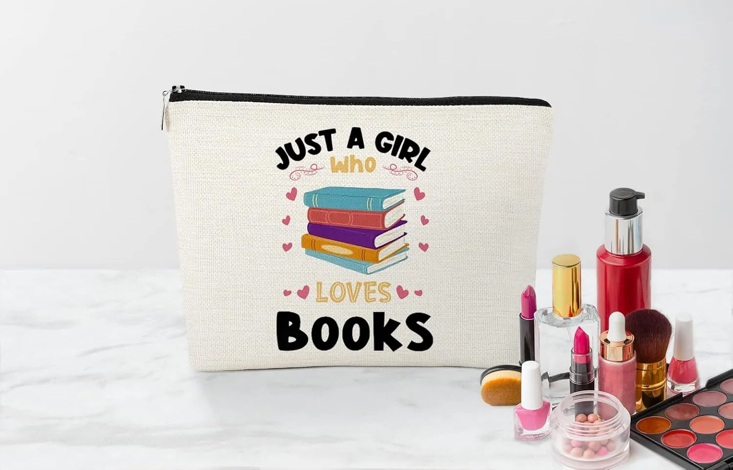 EXUQO Book Lover Gifts Small Makeup Bag,Just a Girl Who Loves Books Cosmetic Travel Toiletry Zipper Pouch, Bookish Gifts for Girls Bookworm Women,Birthday Gift for Reader Literary Librarians