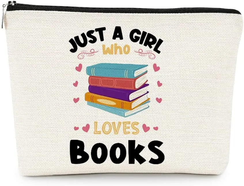 EXUQO Book Lover Gifts Small Makeup Bag,Just a Girl Who Loves Books Cosmetic Travel Toiletry Zipper Pouch, Bookish Gifts for Girls Bookworm Women,Birthday Gift for Reader Literary Librarians